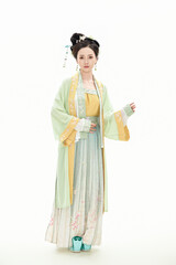 Fototapeta premium A woman wearing ancient Chinese clothing against a white background.