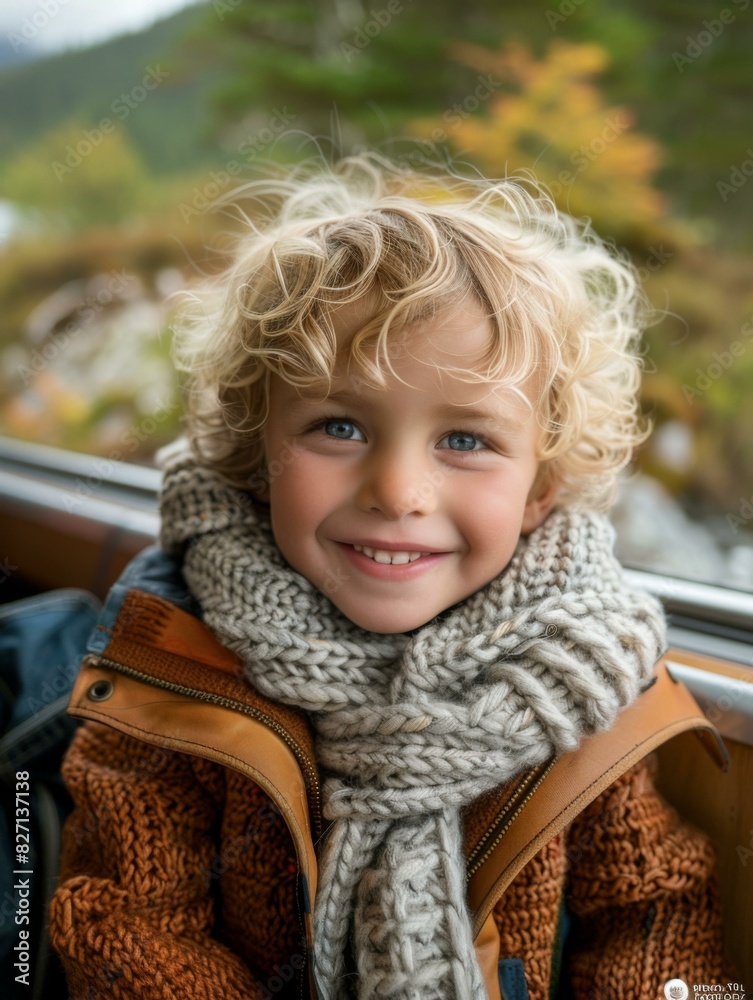 Sticker A young boy with curly blonde hair wearing a scarf and sweater. AI.