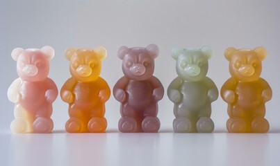 A row of five different colored toy bears standing next to each other. AI.