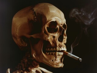 A skeleton smoking a cigarette with its mouth open. AI.