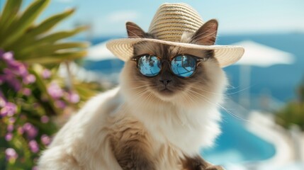 A cat wearing a hat and sunglasses sitting on the ground. AI.