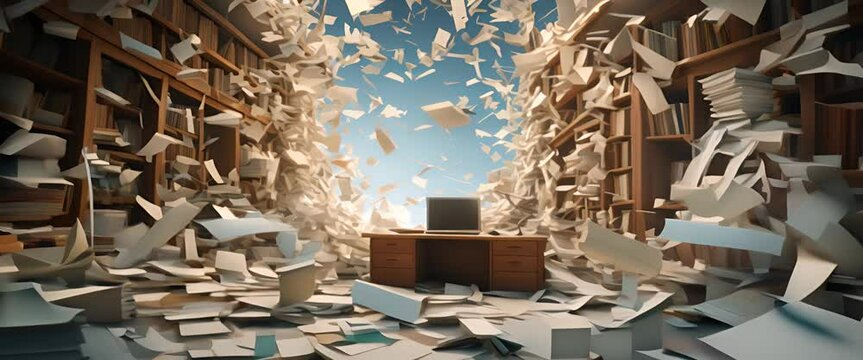 Realistic 3D scene of minimalist papers flying in a tornado, chaotic work environment,