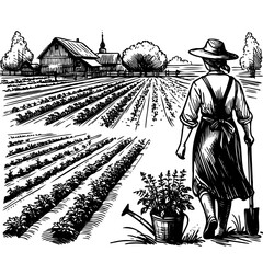 A woman is walking through a field of crops. She is wearing a straw hat and carrying a watering can. The scene is peaceful and serene, with the woman tending to the plants