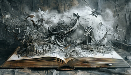 A book is opened to a page with a lot of butterflies and smoke
