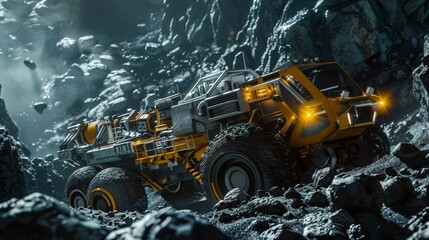 Asteroid Mining  Hightech machinery on an asteroid with room for text