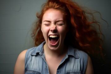 Happy redhead teenager laughing out loud after hearing a funny joke. Series representing the different moods of a teenage girl