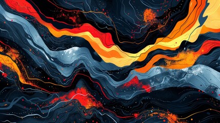  An abstract mountain range painting features orange, yellow, and blue swirls Above it lies a dark blue sky adorned with stars