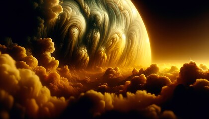 Venus' dense, toxic atmosphere with thick clouds in various shades of yellow and orange, creating an eerie glow. The scene captures the heavy