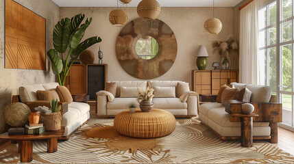 a rustic-inspired Mid-Century Modern living room with beige walls and champagne-colored metallic accents