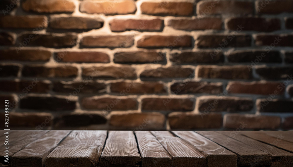 Aufkleber Wood table in front of rustic brick wall blur background with empty copy space on the table for product display mockup. Retro design montage presentation, low light