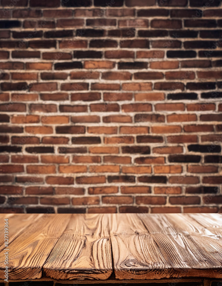 Aufkleber Wood table in front of rustic brick wall blur background with empty copy space on the table for product display mockup. Retro design montage presentation, low light