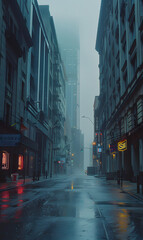 A city street with a few buildings and a few people walking