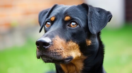 Fototapeta premium A tight shot of a black and brown dog's face Grass lies behind, and a brick building is in the background