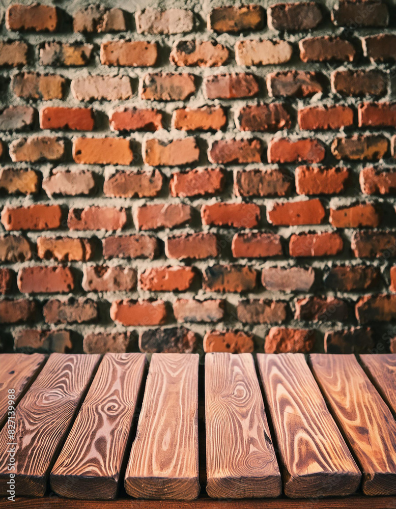 Aufkleber Wood table in front of rustic brick wall blur background with empty copy space on the table for product display mockup. Retro design montage presentation, low light