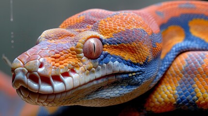 Fototapeta premium A tight shot of an orange-and-blue snake's head against a black backdrop Its body exhibits intricate patterns in red, yellow, and shades of blue
