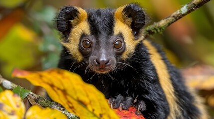 Obraz premium A tight shot of a small animal perched on a branch, surrounded by green, yellow, and red leaves in the foreground