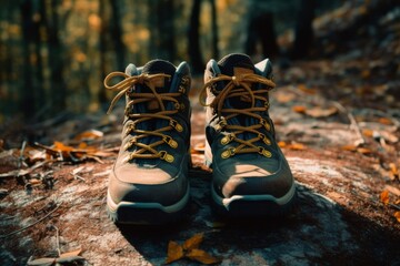 Hiking boots in autumn on a path with leaves