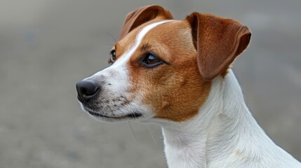  A tight shot of a brown-and-white dog with a black marking on its face and a white patch on its nostrils, gazing away from the camera