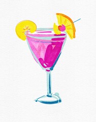 cocktail with cherry. realistic drawing. glass of drink and fruit.