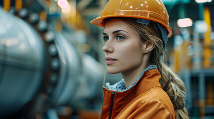 Industrial engineer woman inspecting equipment at a factory, wearing a hard hat