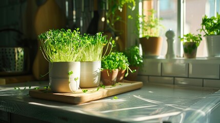 Useful microgreens grown at home. Green shoots in pots on the kitchen table. Vegetarianism, diet, healthy eating. Hobby.