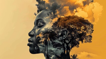 Double exposure portrait of beautiful woman and lush nature with trees.