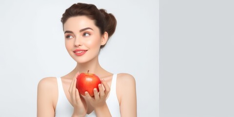 Portrait of a cheerful young woman with red apple isolated over white banner background with copy...