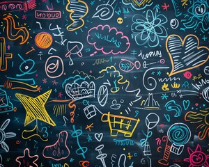 Fototapeta premium Capture a close-up shot of a chalkboard adorned with whimsical doodles and vibrant colors, inviting customization Perfect for a dynamic social media campaign or educational project