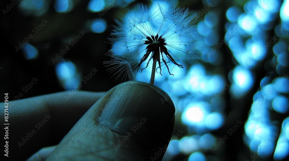 Wall mural  A hand holds a dandelion, its yellowhead contrasting against a blurred backdrop of blue lights In the foreground, another hand cradles the delicate bloom - Wall murals