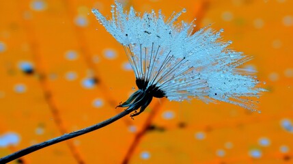  A tight shot of a dandelion head dripping with water, surrounded by an orange field Foreground features blue and white flowers