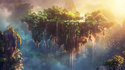 Capture a low-angle view of a whimsical floating island, bathed in a soft, ethereal glow, with cascading waterfalls and surreal flora enveloping the scene