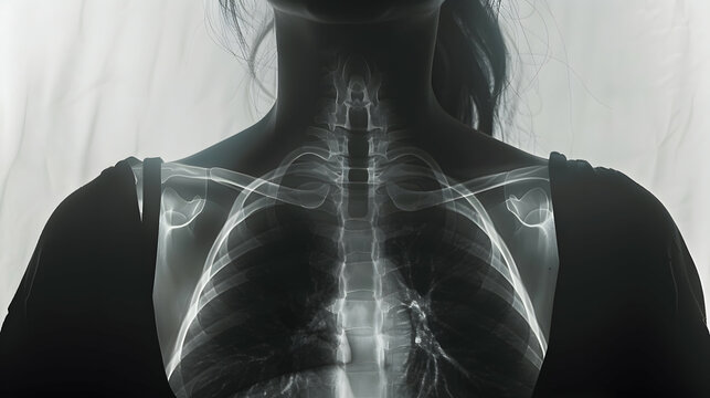 A chest radiograph of a female patient, demonstrating a hiatal hernia
