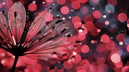  A close-up of a pink flower with dewdrops on its petals and a blurred backdrop of red and blue lights in the image is a bokeh effect