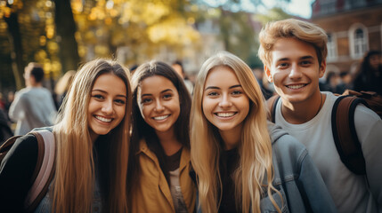 Happy group of young people smiling at camera outdoors. Portrait, university students and group of friends getting ready for learning.