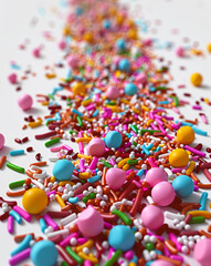 Vibrant 3D Rendering of Colorful Sprinkles on White Background, Candy Decorations for Parties, Celebrations, and Desserts, Festive and Fun Theme