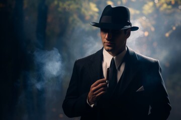retro man in smoke wears suit, tie and hat