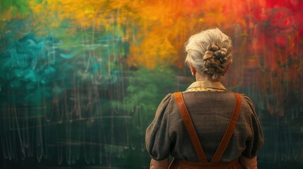 Obraz premium Elderly Woman Observing Colorful Abstract Art in Gallery, Captured from Behind, Fostering Creativity and Reflection