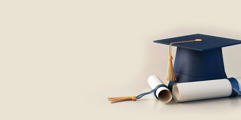 Graduation cap and diploma mortar hat. University graduate show diploma certificate . Copy space blue background blue web banner.