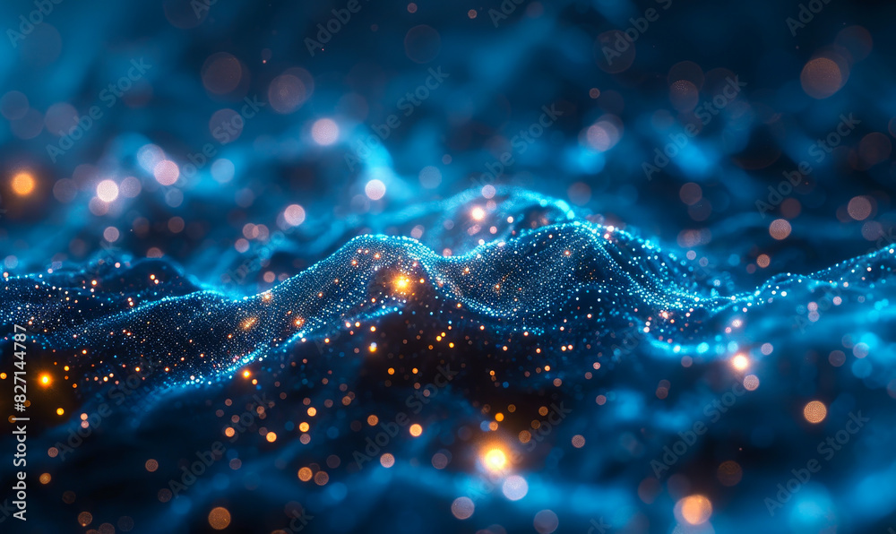 Poster abstract technology background with light rays on blue surface featuring glowing particle effects an