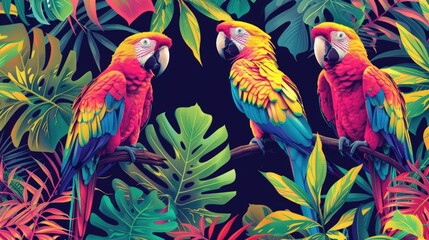 Fototapeta premium Vibrant Tropical Macaws Perched Among Lush Foliage in a Colorful Jungle