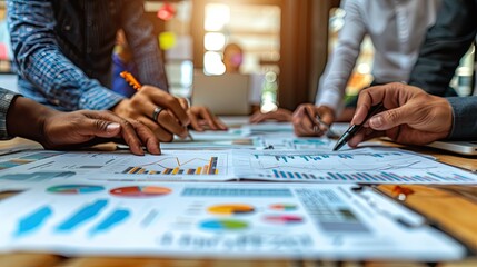 Fototapeta premium Team Collaboration on Financial Analysis Documents in Modern Office Setting
