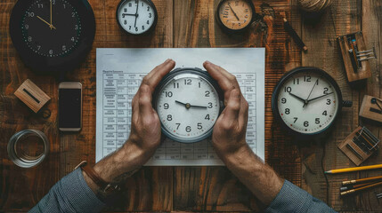 Businessman Holding Clock on Desk with Various Timepieces and Office Supplies