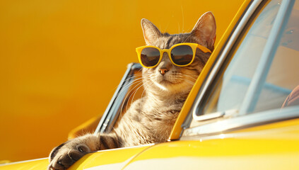 cute cat wearing sunglasses is sitting in the yellow car