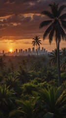 Obraz premium flat illustration of coconut tree with sunset