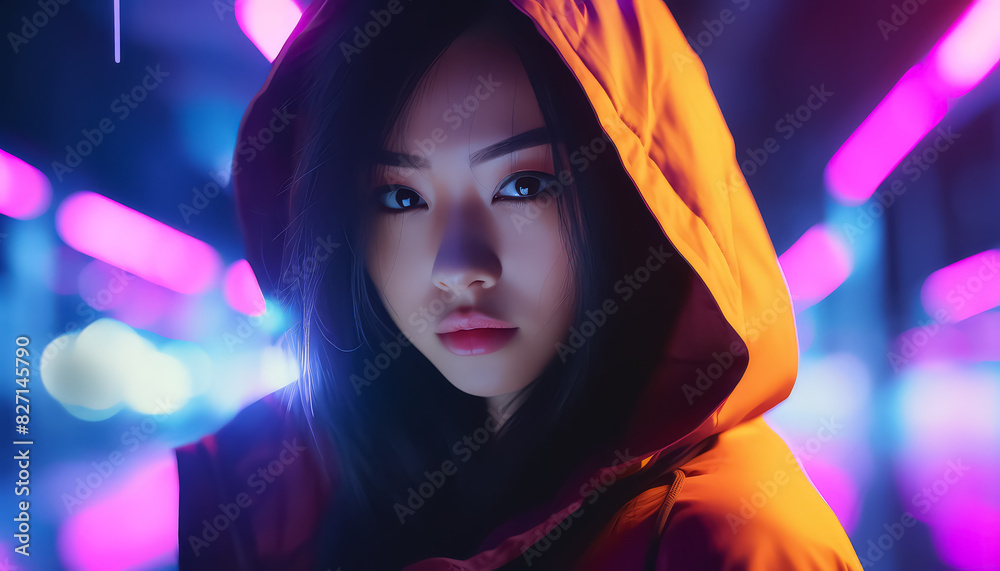 Poster a woman with orange eyeshadow and a hooded jacket