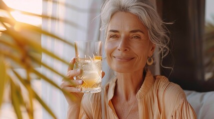 Gorgeous mature lady sips from a glass of pure water, smiling and taking in the peaceful moment of her refreshing morning ritual, promoting wellness and glowing skin.