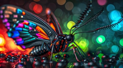  A close-up of a colorful butterfly against a black surface Background consists of blurred circles and lights Foreground features a blurred butterfly image