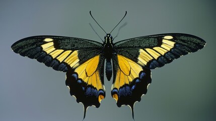  A large yellow and black butterfly sits atop clear glass, holding a puddle of water in its hindwings Light blue sky lies behind, in the image's background