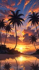 flat illustration of coconut tree with sunset