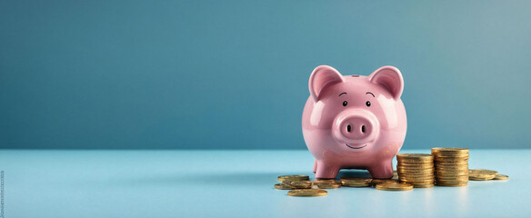 Smiling pink pig piggy bank next to a stack of gold coins, isolated on blue background. Investment success, savings concept